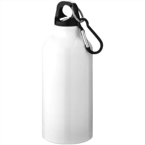 A drink bottle in white with a black lid and carabiner, featuring a brand logo.