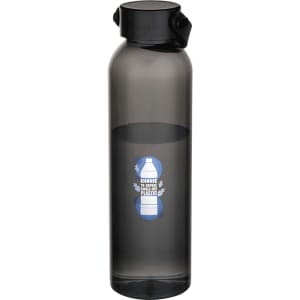 A drink bottle made from recycled plastic, featuring a sleek, matte grey design and a black screw-top lid.