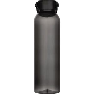 A drink bottle made from recycled plastic, featuring a dark grey body and a secure black lid.