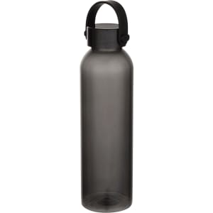A drink bottle made from recycled plastic, featuring a smoky grey colour and a black handle. It has a logo.