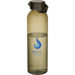 A drink bottle made from recycled plastic, featuring a grey tint and a logo on the front.