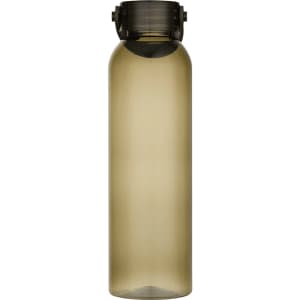 A drink bottle made of recycled plastic, featuring a smoky grey colour and a secure lid.