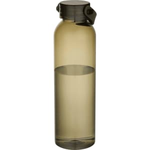 A drink bottle made from recycled plastic, featuring a sleek greyish-brown design and a secure lid.