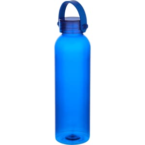 A drink bottle made of recycled plastic, featuring a blue translucent design and a handle for easy carrying.