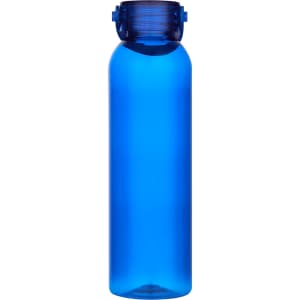 A drink bottle made from recycled plastic, featuring a vibrant blue body and a secure lid.
