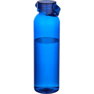 A drink bottle made from recycled plastic, featuring a blue body and a secure lid. It has a logo on its surface.
