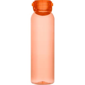 An orange water bottle made from recycled plastic, featuring a secure lid and a sleek design.