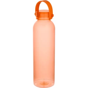 A drink bottle in translucent orange, featuring a handle and a logo.