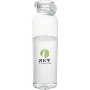 A drink bottle made of clear plastic, featuring a logo and a screw-on lid, filled with water.