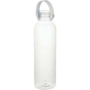A drink bottle made of clear recycled plastic, featuring a handle and a screw-on cap. It has a simple, sleek design.