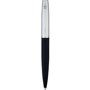 A metal ballpoint pen with a silver finish and a black grip, featuring a logo on the body.