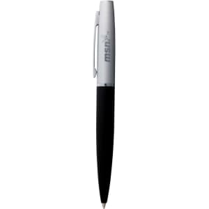 A sleek metal ballpoint pen in white and black, featuring a logo on the barrel.