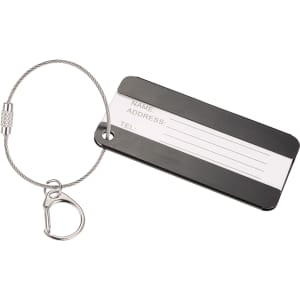 A black aluminium identification tag with a silver cable attachment for luggage or bags. Contains space for name and contact details.