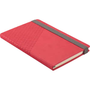 A red Geo Notebook with a textured cover and an elastic band. It has a logo on the front.