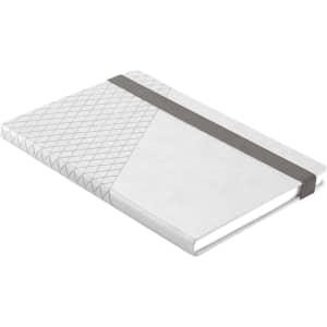 A grey and white notebook with a geometric design and an elastic band closure, featuring a logo on the cover.