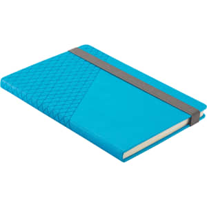 A turquoise notebook with a patterned cover and an elastic band for closure. It features a logo on the front.