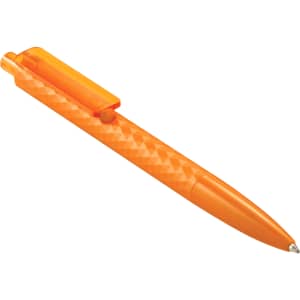 An orange geometric ballpoint pen with a patterned barrel and a clip. It features a branding logo.