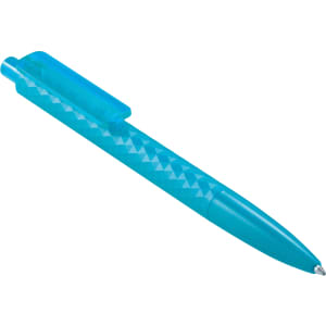 A geometric ballpoint pen in a vibrant turquoise colour with a textured design and a clip on the top.