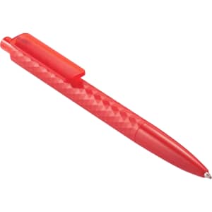 A geometric ballpoint pen in bright red with a textured design and a clip for easy carrying.