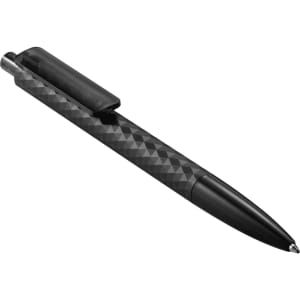 A black geometric ballpoint pen featuring a textured design and a clip for easy attachment.
