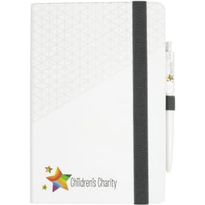 A white notebook with a geometric design, featuring a grey elastic band and a pen attached, and a logo.