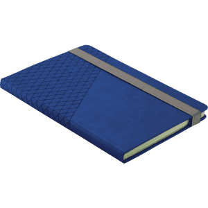 A blue Geo Notebook featuring a textured design, secured with a grey elastic band, with a light green interior.