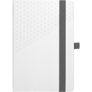 A white notebook featuring a geometric pattern on the cover, secured with a grey elastic band, and includes a logo.