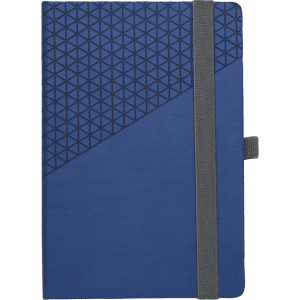 A blue notebook with a textured triangular pattern on one half and an elastic band closure. It features a logo.