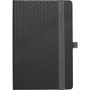 A black notebook featuring a geometric textured cover and a grey elastic band for closure. It has a logo on the cover.