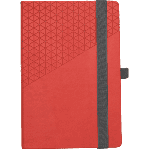 A red notebook with a textured geometric design and a grey elastic strap. Features a logo on the cover.