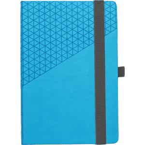 A blue Geo Notebook featuring a textured geometric design, secured with a grey elastic band.