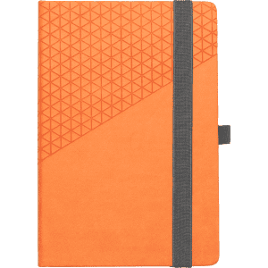 An orange geometric-patterned notebook with a grey elastic band and a bookmark, featuring a logo.