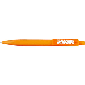 A geometric ballpoint pen in bright orange with a branding logo, featuring a textured grip.