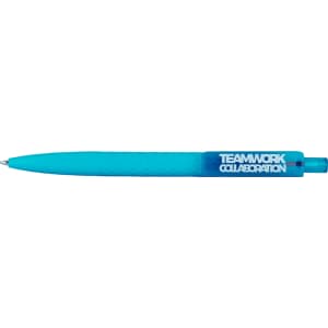 A turquoise ballpoint pen with a textured grip, featuring a branding logo.