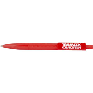 A red geometric ballpoint pen with a textured grip and a logo on the side.