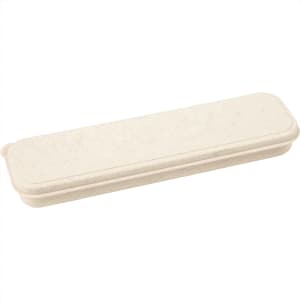 A bamboo fibre cutlery set in a cream-coloured container, featuring a simple, eco-friendly design.