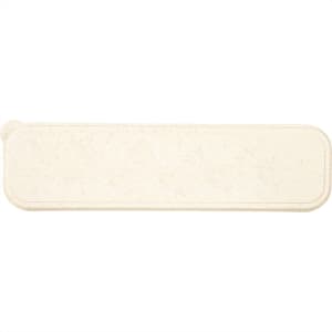 A bamboo fibre cutlery set in a light cream colour, featuring a sleek, rounded design and a branding logo.