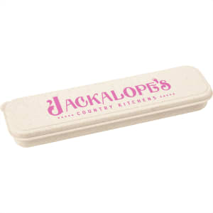 A bamboo fibre cutlery set in a natural colour case with a pink logo, suitable for home and living.