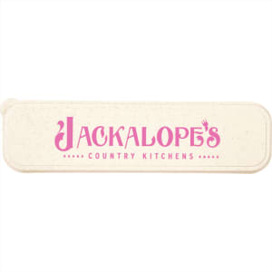 A light-coloured cutlery case with a logo on the front, featuring the brand name in pink.