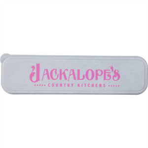 A grey case with pink branding. Contains a bamboo fibre cutlery set for dining.