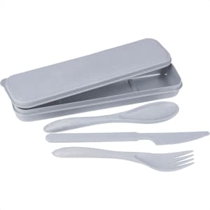 A grey bamboo fibre cutlery set including a spoon, fork, and knife in a matching storage case.