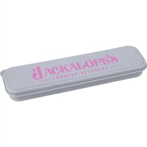 A grey cutlery set case with a logo, designed to hold bamboo fibre cutlery.