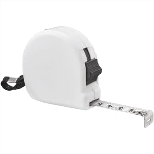 A white 5 metre measuring tape with a retractable feature and a black strap for easy carrying.