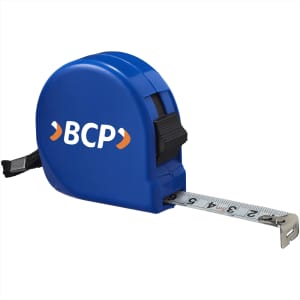 A blue measuring tape with a retractable metal blade and a logo on the casing.