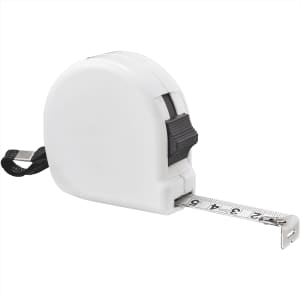 A white measuring tape with a retractable design, featuring a black push button and a measuring scale extending from the case.