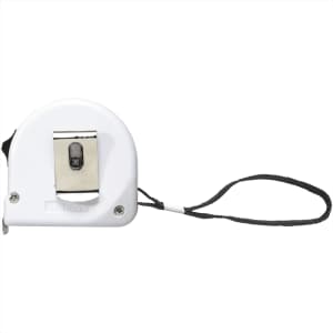 A white measuring tape with a black strap, featuring a metal clip and a small level indicator.