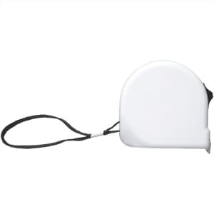 A white measuring tape with a black retractable cord, featuring a logo on its surface.