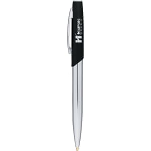 A metal ballpoint pen with a shiny chrome finish and a black grip, featuring a logo on the barrel.