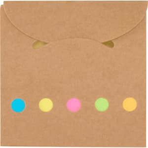 A brown envelope featuring five colourful dots in blue, pink, green, and yellow. It has a logo on the front.