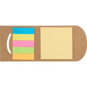 A sticky note set featuring blue, pink, yellow, and green notes, with a kraft paper holder.